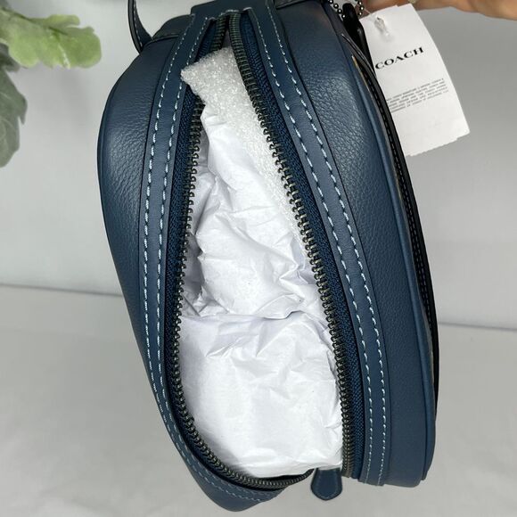 Coach New York Navy Blue Leather Cosmetic Bag, Yellow Fish Print, Dust Bag, NWT - Picture 12 of 13